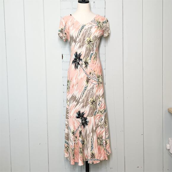 Vintage Dresses & Skirts - Vintage Kauaiana Palm Print Trumpet Style Maxi Dress Pink Gray White Small